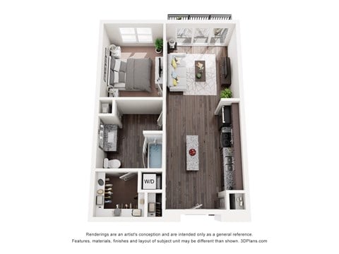 Floor plan for 1 bed, 1 bath, 604 sqft